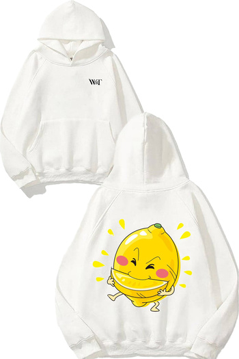 THEWERT Lemon 3 Design Back Printed White Hooded Sweatshirt
