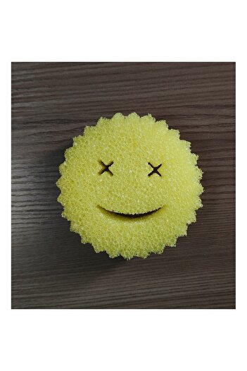 Flippy Dish Sponge, Flippy, Round, PU Sponge, Smiley Face Pattern, Two Sides, 10 x 4 cm, Yellow