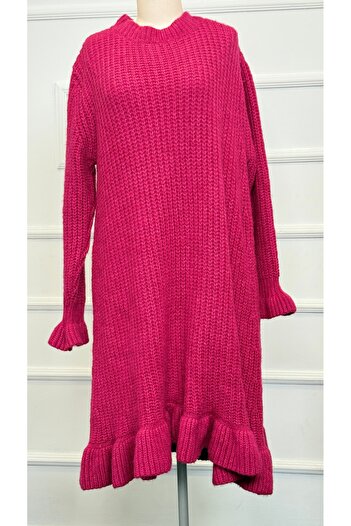 RACE FASHİON Crew Neck Long Knit Dress with Ruffled Sleeves and Hem Rc8000