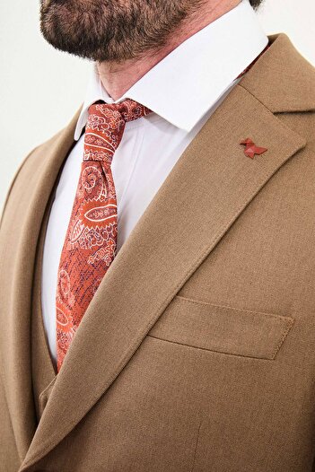 Mcr Straight Slim Fit Mono Collar Classic Wool Men's Suit Camel - 45418.25K