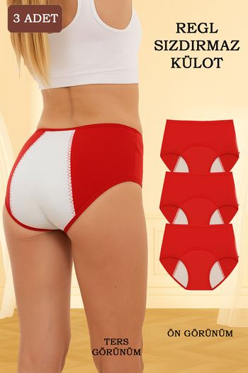 Sh Mağazacılık 3-Pack Red Women's High Waist Menstrual Panties – Leak-Proof, Comfortable Fit Period Underwear