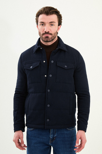 Mcr Striped Slim Fit Shirt Collar Snap Button Men's Coat Navy Blue - 39655.25K