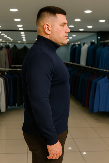 Maccali Men's Plus Size High Neck Navy Blue Sweat Knitwear Sweater