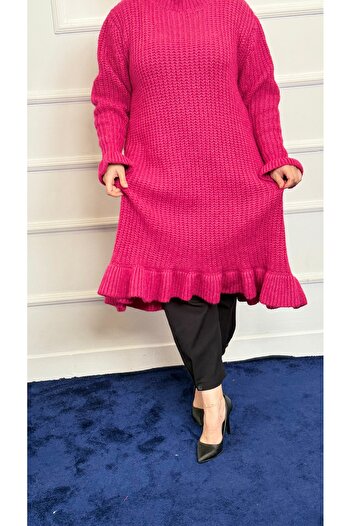 RACE FASHİON Crew Neck Long Knit Dress with Ruffled Sleeves and Hem Rc8000