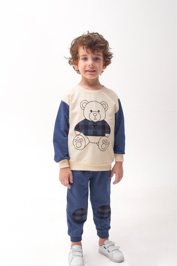 ADDA Cotton Teddy Bear Printed Long Sleeve Tracksuit with Plaid Detail, 2-Piece Boy's Suit