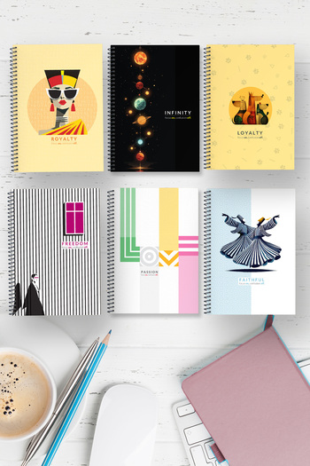 Kentsoylu A5 Spiral Notebook Set of 6 (2X Lined-Unlined-Grid), Thick Cardboard Cover Thematic Series 96 Pages