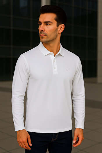 Maccali Men's Casual Basic White Long Sleeve Polo Neck T-Shirt