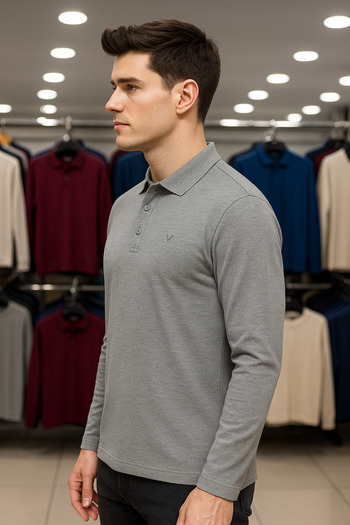 Maccali Men's Casual Basic Gray Long Sleeve Polo Neck T-Shirt