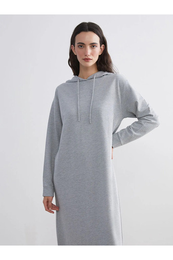 LC Waikiki Lcw Modest Gray Hooded Sweatshirt Dress