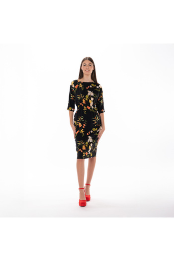 Couture de Marie Viscose midi dress, floral print, cinched waist, boat neckline – Lise