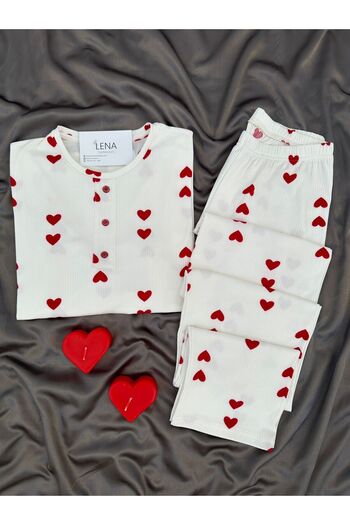 Lena Homewears Red Heart Patterned Ecru Half Placket Berlin Pajama Set
