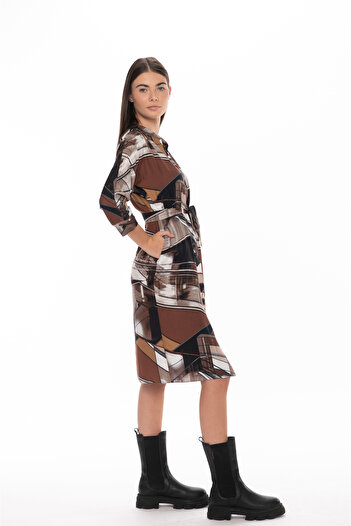 Couture de Marie Viscose midi dress, shirt type, geometric print, with drawstring, brown – Anya