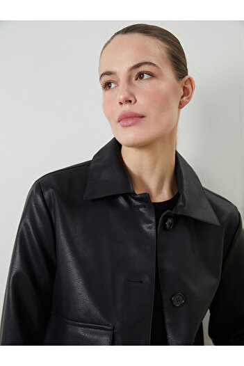 LC Waikiki Black Shirt Collar Women's Leather Look Jacket