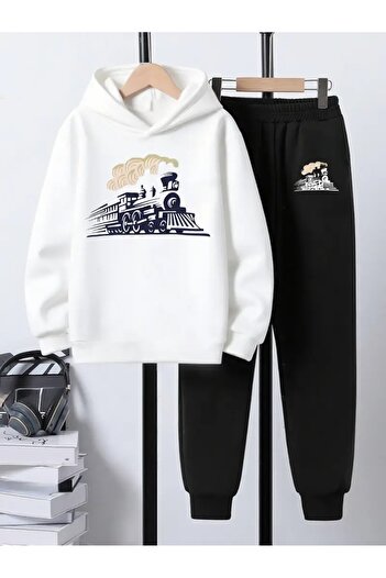 Cevval Children's Printed Hooded Sweatshirt and Sweatpants Set 3 Thread Raster for Autumn/Winter