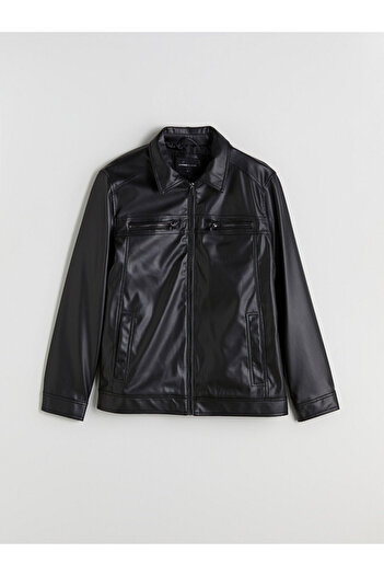 LC Waikiki Black Standard Mold Shirt Collar Men's Leather Look Coat