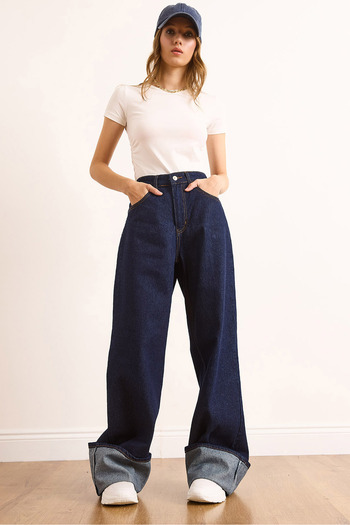 Olalook Women's Dark Blue High Waist Wide Leg Jeans with Folded Legs Jea-19000125