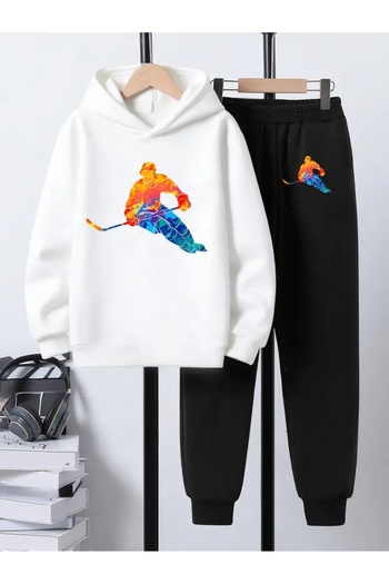 YUNAYT Children's Printed Hooded Sweatshirt and Sweatpants Set 3 Thread Raster for Autumn/Winter