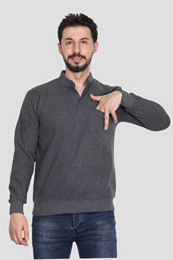 HEDEFNUR TEKSTİL Gray Men's Polo Neck Pocketed Regular Fit Thessaloniki Knit Sweatshirt