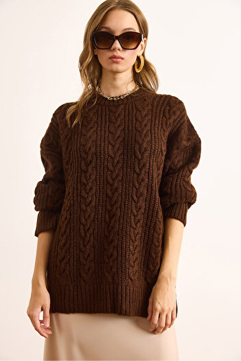 Olalook Women's Brown Thick Hair Braided Oversize Knitwear Sweater Kzk-19000986
