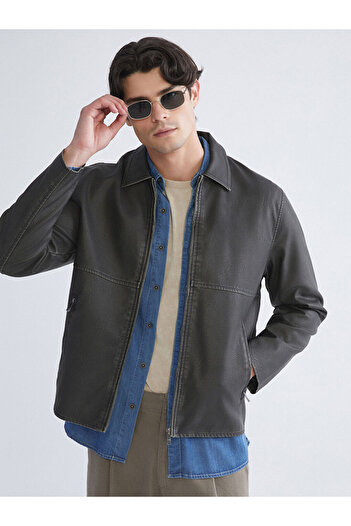 LC Waikiki Black Standard Mold Shirt Collar Men's Leather Look Coat