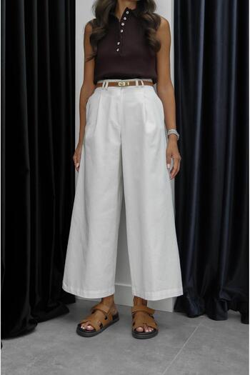 Havoş Ecru Double Wide Leg Pants