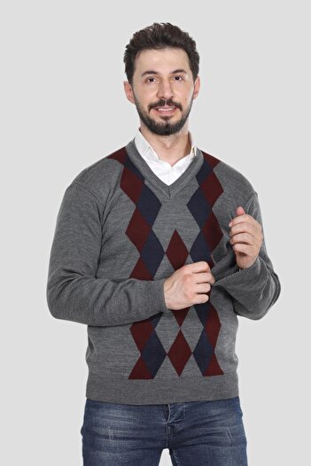 HEDEFNUR TEKSTİL Men's Middle-Aged and Older Knitwear Knitted Argyle Pattern Acrylic Winter Dad V-Neck Sweater