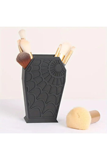 Choice S black Gothic Coffin-Shaped Spider Web Makeup Brush Holder - Lightweight Plastic Desk Organizer for