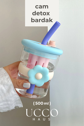 UCCO 500ml Daisy Patterned Glass Detox Thermos Flask Cup with Straw - Milk, Water, Soft Drink, Lemonade Cup