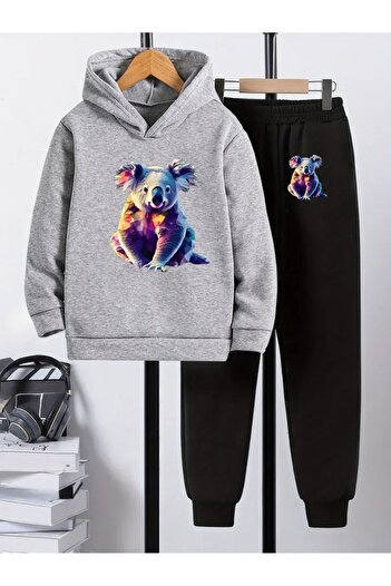 YUNAYT Children's Printed Hooded Sweatshirt and Sweatpants Set 3 Thread Raster for Autumn/Winter