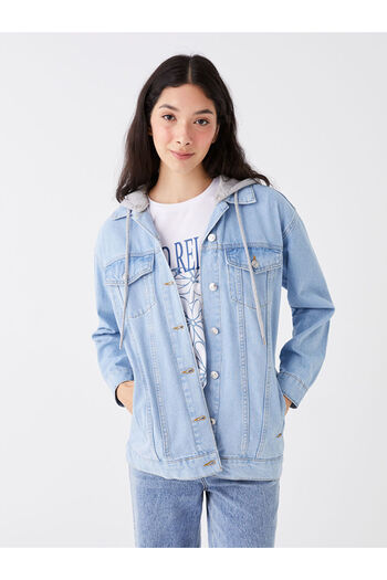 LC Waikiki Blue Women's Hooded Straight Jean Jacket