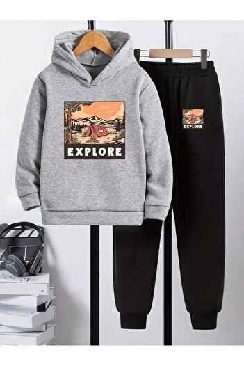Cevval Children's Printed Hooded Sweatshirt and Sweatpants Set 3 Thread Raster for Autumn/Winter