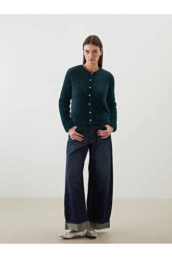LC Waikiki Green Crew Neck Women's Knitwear Cardigan