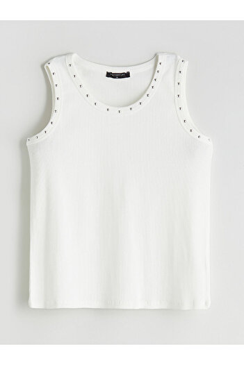 LC Waikiki Ecru Crew Neck Stoned Women's Tank Top