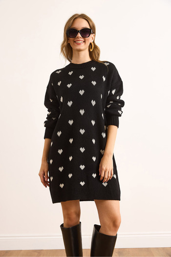 Olalook Women's Black Mini Heart Detailed Thick Knitwear Tunic Dress Elb-19002537