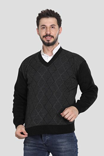 HEDEFNUR TEKSTİL Men's Middle-Aged and Older Knitwear Knitted Argyle Pattern Acrylic Winter Dad V-Neck Sweater
