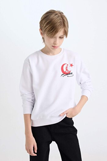 DeFacto Weißes Sweatshirt mit Rundhalsausschnitt und Atatürk-Print für Jungen, bestickt, D8200A824WN
