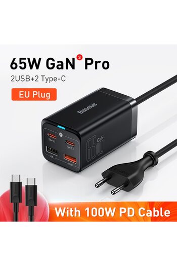 Baseus 65W EU Plug 65W GaN Charger Desktop Fast Charger 4 in 1 Laptop Phone Charger Adapter For iPho
