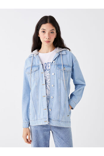 LC Waikiki Blue Women's Hooded Straight Jean Jacket