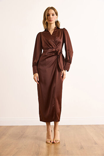 Olalook Women's Brown Side Tie Detail Double Breasted Maxi Satin Dress Elb-19002538
