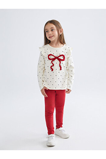 LC Waikiki Ecru Crew Neck Printed Girls' Blouse and Leggings 2-Piece Set