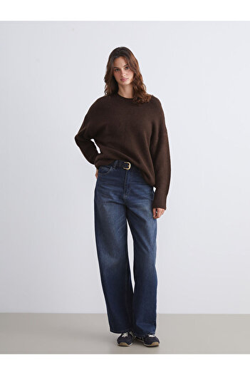 LC Waikiki Brown Crew Neck Oversize Women's Knitwear Sweater