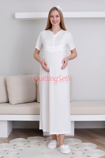 quilling Ecru Color Lace Detailed 2293 Maternity Nightgown Set with Dressing Gown