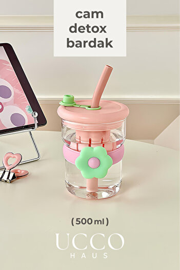 UCCO 500ml Daisy Patterned Glass Detox Thermos Flask Cup with Straw - Milk, Water, Soft Drink, Lemonade Cup