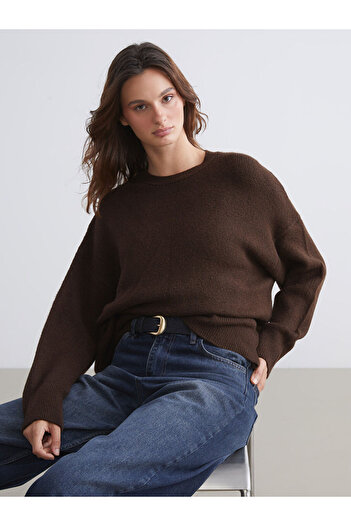 LC Waikiki Brown Crew Neck Oversize Women's Knitwear Sweater