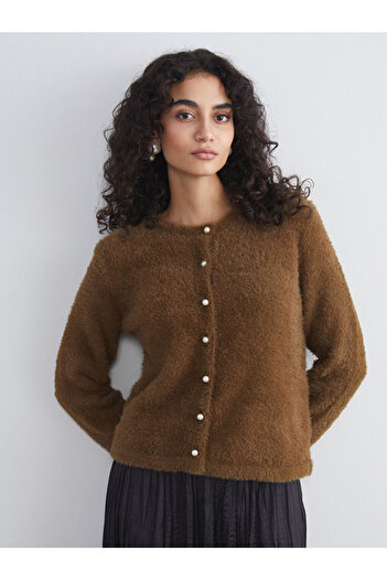 LC Waikiki Khaki Crew Neck Women's Knitwear Cardigan