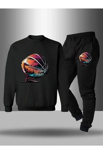 SVART WEAR Children's Printed Crew Neck Sweatshirt and Sweatpants Set 3 Thread Raster for Autumn/Winter