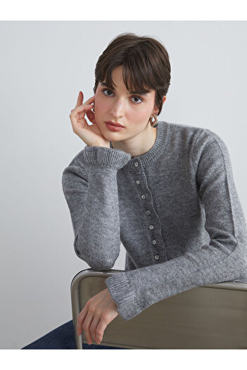 LC Waikiki Gray Crew Neck Women's Knitwear Cardigan
