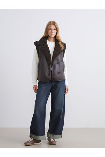 LC Waikiki Brown Biker Collar Women's Suede Vest