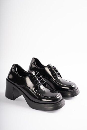 selinshoes Дамски обувки Saviel с връзки и детайлен дебел ток - BLACK RUGAN