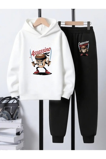 CROPSEL Children's Printed Hooded Sweatshirt and Sweatpants Set 3 Thread Raster for Autumn/Winter